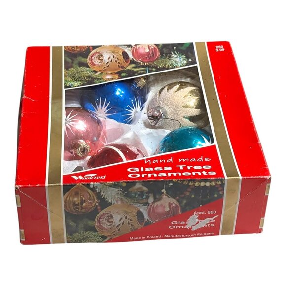 Vintage Woolcrest Glass Ornaments Hand Made Multicolour Christmas 5 Pk Poland - Picture 5 of 6